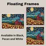 Patriotic Farmhouse Under Starry Sky with American Flag and Flower Field, Folk Art Style 4th of July Scene in Bold Colors and Textured Brushstrokes on Ready to Hang 1.5" Thick Canvas Wrap, Floating Framed Canvas, Flat Rolled Canvas