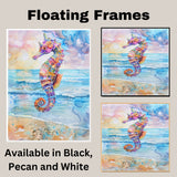 Whimsical Watercolor Painting of a Jewel-Toned Seahorse with Ocean Waves and Sunset Sky on Ready to Hang 1.5" Thick Canvas Wrap, Floating Framed Canvas, Flat Rolled Canvas
