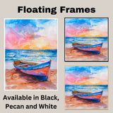 Watercolor Painting of Colorful Wooden Rowboat on Beach with Sunset Ocean Waves and Dramatic Sky in Pink Blue and Orange Tones on Ready to Hang 1.5" Thick Canvas Wrap, Floating Framed Canvas, Flat Rolled Canvas