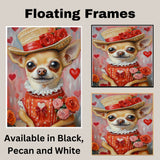 Elegant Devotion: Chihuahua in a European-Inspired Red Dress and Hat with a Heartfelt Touch Romantic Painting on Ready to Hang 1.5" Thick Canvas Wrap, Floating Framed Canvas, Flat Rolled Canvas