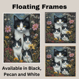 Blossoming Spring Whimsy: Tuxedo Cat Mom and Kittens in a Floral Wonderland on Ready to Hang 1.5" Thick Canvas Wrap, Floating Framed Canvas, Flat Rolled Canvas