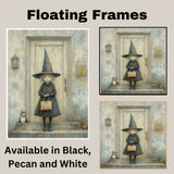 Whimsical Halloween Portrait of Little Witch Girl with Vintage Purse and Kitten on an Aged Porch, Subtle Spooky Charm in Soft Muted Autumn Tones on Ready to Hang 1.5" Thick Canvas Wrap, Floating Framed Canvas, Flat Rolled Canvas