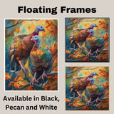 Colorful Wild Turkey Pair Perched on Branch Among Autumn Leaves with Vivid Feathers and Blue Faces in a Stunning Wildlife Nature Art Scene on Ready to Hang 1.5" Thick Canvas Wrap, Floating Framed Canvas, Flat Rolled Canvas
