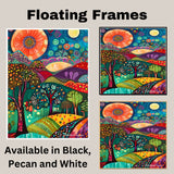 Vibrant Folk Art Landscape Canvas – Colorful Trees, Hills, and Sunbursts in Whimsical Abstract Style on Ready to Hang 1.5" Thick Canvas Wrap, Floating Framed Canvas, Flat Rolled Canvas