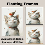 Adorable Painting of a Smiling Kitten with a Robin on Its Head and Red Collar Perfect for Whimsical Animal Decor or a Gift for Cat and Bird Lovers on Ready to Hang 1.5" Thick Canvas Wrap, Floating Framed Canvas, Flat Rolled Canvas