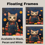 Adorable Gray Tabby Cat in Overalls Hand Painted Floral Art Whimsical Night Scene Perfect for Nursery Kids Room Bedroom Wall Decor or Gifts for Cat Lovers on Ready to Hang 1.5" Thick Canvas Wrap, Floating Framed Canvas, Flat Rolled Canvas