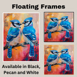 Blue Jay Bird Pair Perched on Branch in Vivid Artistic Detail with Bright Orange and Pink Abstract Background Ideal for Bird Lovers and Nature Enthusiasts on Ready to Hang 1.5" Thick Canvas Wrap, Floating Framed Canvas, Flat Rolled Canvas