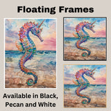 Fantasy Seahorse Watercolor Painting with Rainbow Scales and Sunset Ocean Background on Ready to Hang 1.5" Thick Canvas Wrap, Floating Framed Canvas, Flat Rolled Canvas