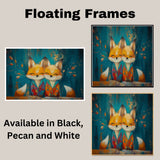 Joyful Painting of Two Foxes in Bright Pajamas with Happy Faces Sitting Side by Side Under Autumn Branches on a Deep Teal and Orange Textured Background on Ready to Hang 1.5" Thick Canvas Wrap, Floating Framed Canvas, Flat Rolled Canvas