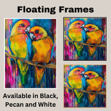 Bright Lovebirds in Vivid Abstract Expressionist Style with Colorful Brushstrokes Featuring Tropical Parrots on Branch in a Bold Artistic Composition on Ready to Hang 1.5" Thick Canvas Wrap, Floating Framed Canvas, Flat Rolled Canvas