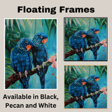 Tropical Blue Parrot Pair Artwork Featuring Vibrant Feathers and Orange Beaks Perched on a Branch with Lush Green Foliage and Delicate Pink Flowers on Ready to Hang 1.5" Thick Canvas Wrap, Floating Framed Canvas, Flat Rolled Canvas