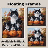Cozy Fall Gathering: Tuxedo Cat Mom and Three Kittens with Pumpkin on Ready to Hang 1.5" Thick Canvas Wrap, Floating Framed Canvas, Flat Rolled Canvas