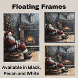 Santa Claus Relaxing in Rocking Chair by Fireplace, Vintage Christmas Scene with Tree, Garland, Stocking and Mounted Deer in Rustic Holiday Setting on Ready to Hang 1.5" Thick Canvas Wrap, Floating Framed Canvas, Flat Rolled Canvas
