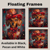 Charming Romance: Dachshund in a European-Inspired Elegant Red Dress and Hat Sophisticated Heartfelt Painting on Ready to Hang 1.5" Thick Canvas Wrap, Floating Framed Canvas, Flat Rolled Canvas