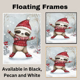 Whimsical Christmas Sloth Skating Art Print – Cute Red Sweater & Santa Hat Winter Holiday Decor, Nursery Wall Art, Cozy Woodland Animal Illustration on Ready to Hang 1.5" Thick Canvas Wrap, Floating Framed Canvas, Flat Rolled Canvas
