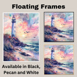 Elegant Lighthouse on Coastal Cliff with Pastel Sunset Sky and Ocean Waves in Soothing Watercolor Seaside Painting on Ready to Hang 1.5" Thick Canvas Wrap, Floating Framed Canvas, Flat Rolled Canvas