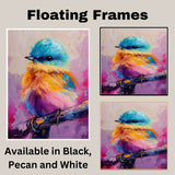 Whimsical Baby Bird Perched on Branch in Bright Blue Pink and Yellow Oil Style with Playful Expressive Brushwork for Nature and Color Enthusiasts on Ready to Hang 1.5" Thick Canvas Wrap, Floating Framed Canvas, Flat Rolled Canvas