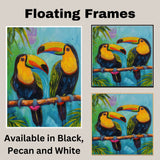 Vibrant Toucan Pair with Colorful Beaks on Tropical Branch Amid Palm Leaves and Bright Blue Jungle Sky Background in Lively Wildlife Art on Ready to Hang 1.5" Thick Canvas Wrap, Floating Framed Canvas, Flat Rolled Canvas