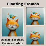 Smiling Orange Cat with Blue and Yellow Bird on Head Adorable Animal Illustration for Kids Room or Nursery Fun Whimsical Art for Cat and Bird Lovers on Ready to Hang 1.5" Thick Canvas Wrap, Floating Framed Canvas, Flat Rolled Canvas