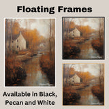 Autumn Stream Running Through a Village – Rustic Fall Landscape Oil Painting Print on Ready to Hang 1.5" Thick Canvas Wrap, Floating Framed Canvas, Flat Rolled Canvas