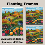 Charming Folk Art Canvas of Colorful Houses and Flowers on Rolling Hills Under a Bright Blue Sky on Ready to Hang 1.5" Thick Canvas Wrap, Floating Framed Canvas, Flat Rolled Canvas