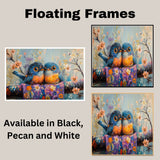 Painting of Two Colorful Plump Birds Sitting Close Together on a Flower Covered Branch with Bright Feathers and Big Eyes in a Playful Springtime Floral Scene on Ready to Hang 1.5" Thick Canvas Wrap, Floating Framed Canvas, Flat Rolled Canvas