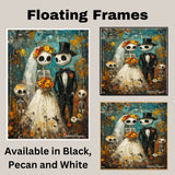 Skeleton Bride and Groom with Children – Día de los Muertos Wedding in Colorful Autumn Forest on Ready to Hang 1.5" Thick Canvas Wrap, Floating Framed Canvas, Flat Rolled Canvas