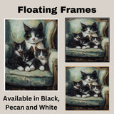 Regal Comfort: Tuxedo Cat Mom with Three Kittens on an Elegant European Sofa on Ready to Hang 1.5" Thick Canvas Wrap, Floating Framed Canvas, Flat Rolled Canvas