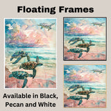 Four Sea Turtles Swimming in a Pastel Ocean Watercolor with Splash Texture and Expressive Beach Horizon Art on Ready to Hang 1.5" Thick Canvas Wrap, Floating Framed Canvas, Flat Rolled Canvas