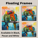 Colorful Parrot Pair Artwork Featuring Tropical Birds with Vibrant Feathers in Red Blue Green and Yellow Sitting Close Together on a Branch with Bold Abstract Backdrop on Ready to Hang 1.5" Thick Canvas Wrap, Floating Framed Canvas, Flat Rolled Canvas