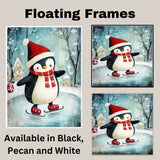 Whimsical Christmas Penguin Ice Skating with Santa Hat and Red Scarf – Holiday Winter Animal Art for Nursery, Kids’ Room, Gifts, or Seasonal Wall Display on Ready to Hang 1.5" Thick Canvas Wrap, Floating Framed Canvas, Flat Rolled Canvas
