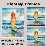 Watercolor Painting of a Multicolored Surfboard Reflecting Ocean Sunset on Shoreline with Vibrant Sky and Rolling Waves on Ready to Hang 1.5" Thick Canvas Wrap, Floating Framed Canvas, Flat Rolled Canvas