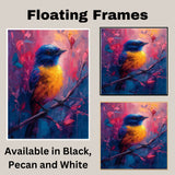 Striking Yellow and Blue Bird on Branch with Deep Red and Purple Abstract Background on Ready to Hang 1.5" Thick Canvas Wrap, Floating Framed Canvas, Flat Rolled Canvas