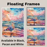 Vibrant Watercolor Seagull by Ocean with Colorful Sky and Waves in a Lively Coastal Beach Scene on Ready to Hang 1.5" Thick Canvas Wrap, Floating Framed Canvas, Flat Rolled Canvas