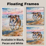 Watercolor Painting of a Happy Dog Running on the Beach with Splashing Waves and Sunset Sky in a Playful Coastal Scene on Ready to Hang 1.5" Thick Canvas Wrap, Floating Framed Canvas, Flat Rolled Canvas