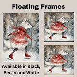 Whimsical Christmas Wolf Ice Skating Print – Woodland Animal Winter Art in Red Snowflake Dress, Cozy Holiday Nursery Wall Decor or Gift for Animal Lovers on Ready to Hang 1.5" Thick Canvas Wrap, Floating Framed Canvas, Flat Rolled Canvas