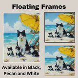 Seaside Whiskers: Tuxedo Cat Mom and Three Kittens Under a Beach Umbrella on Ready to Hang 1.5" Thick Canvas Wrap, Floating Framed Canvas, Flat Rolled Canvas