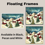 Christmas Folk Art Canvas Wall Art – Snowy Winter Scene with Red Houses, Decorated Tree & Rolling Hills – Rustic Holiday Home Décor Print on Ready to Hang 1.5" Thick Canvas Wrap, Floating Framed Canvas, Flat Rolled Canvas