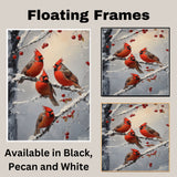 Festive Retro Painting of Four Red Cardinals on Snowy Berry Branches with Winter Background Perfect for Christmas Decor or Seasonal Bird Lover Gift on Ready to Hang 1.5" Thick Canvas Wrap, Floating Framed Canvas, Flat Rolled Canvas