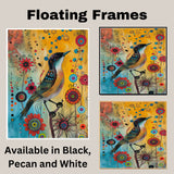 Playful Painting of a Colorful Bird with Patterned Feathers Surrounded by Bright Abstract Flowers and Dots Perfect for Nature Inspired or Modern Artistic Spaces on Ready to Hang 1.5" Thick Canvas Wrap, Floating Framed Canvas, Flat Rolled Canvas