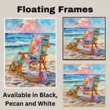 Watercolor Painting of Patterned Beach Chair with Towels Sunglasses and Bags on Shoreline at Sunset with Ocean Waves on Ready to Hang 1.5" Thick Canvas Wrap, Floating Framed Canvas, Flat Rolled Canvas
