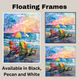 Watercolor Art of Multicolored Beach Chairs & Umbrella by the Ocean on Ready to Hang 1.5" Thick Canvas Wrap, Floating Framed Canvas, Flat Rolled Canvas