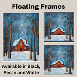 Cozy Red House in Snowy Forest at Night with Glowing Windows, Moonlit Sky, and Tall Trees Covered in Falling Snow on Ready to Hang 1.5" Thick Canvas Wrap, Floating Framed Canvas, Flat Rolled Canvas
