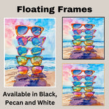 Watercolor Art of Five Stylish Sunglasses Stacked on Beach with Colorful Reflections and Ocean Horizon Background on Ready to Hang 1.5" Thick Canvas Wrap, Floating Framed Canvas, Flat Rolled Canvas