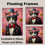 Regal Charm: Tuxedo Cat in a Flowery Hat and Elegant European Suit - Distinguished Classic Painting on Ready to Hang 1.5" Thick Canvas Wrap, Floating Framed Canvas, Flat Rolled Canvas