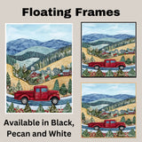 Red Vintage Truck on Snowy Road Through Hillside Cabins – Winter Folk Art Mountain Landscape on Ready to Hang 1.5" Thick Canvas Wrap, Floating Framed Canvas, Flat Rolled Canvas