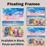 Vibrant Watercolor of Four Colorful Flip-Flops on Sandy Beach with Ocean Waves and Sunset Sky in Summer Coastal Style on Ready to Hang 1.5" Thick Canvas Wrap, Floating Framed Canvas, Flat Rolled Canvas