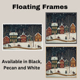 Vintage Christmas Folk Art Scene with Horse-Drawn Sleigh, Snowy Village Homes, Lit Windows, and Falling Snowflakes on Ready to Hang 1.5" Thick Canvas Wrap, Floating Framed Canvas, Flat Rolled Canvas