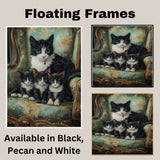 Elegant Tuxedo Cat Family: Victorian Charm with Three Kittens on a European Sofa on Ready to Hang 1.5" Thick Canvas Wrap, Floating Framed Canvas, Flat Rolled Canvas