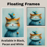 Adorable Painting of a Smiling Kitten with a Blue Bird on Its Head and Bell Collar Ideal for Whimsical Nursery Decor or Cat and Animal Lovers' Gifts on Ready to Hang 1.5" Thick Canvas Wrap, Floating Framed Canvas, Flat Rolled Canvas